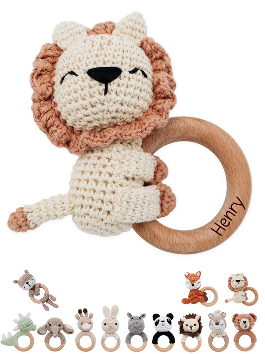 miracle wish® - Personalized Teething Ring Baby - Cute Grasping Toy for Babies from 0 months - Baby rattle with name as baby gift for girls and boys (lion lying down, without name)