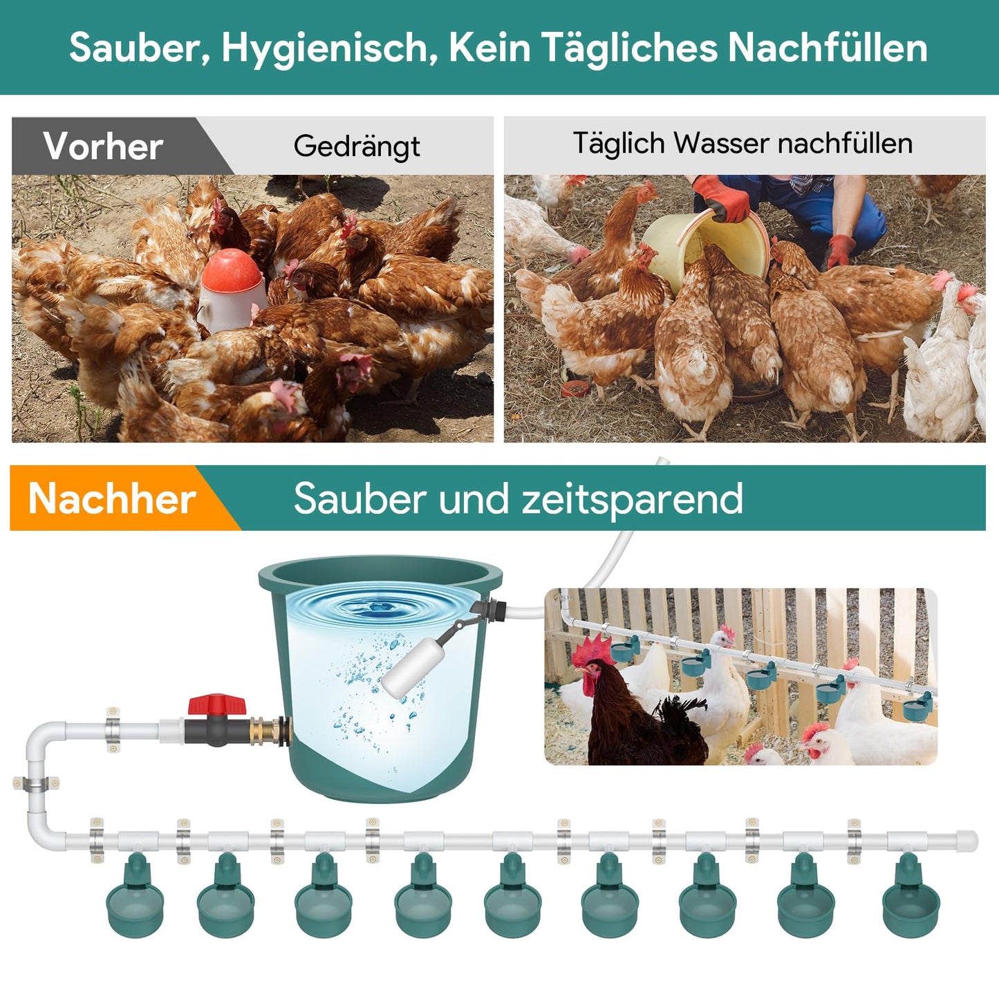 DIY Chicken Waterer Set, complete automatic poultry waterer with 9 drinking cups, 10 water pipes, ball valve, pure copper adapter, waterproof tape.