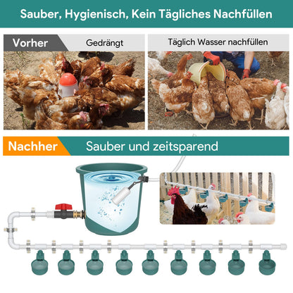 DIY Chicken Waterer Set, complete automatic poultry waterer with 9 drinking cups, 10 water pipes, ball valve, pure copper adapter, waterproof tape.