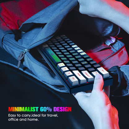 Mini 60% gaming keyboard, membrane game keyboard with semi-mechanical keys, optical RGB chroma backlit compact 62 keys double color keycap, QWERTY layout for PC laptop Mac computer - Black & White.