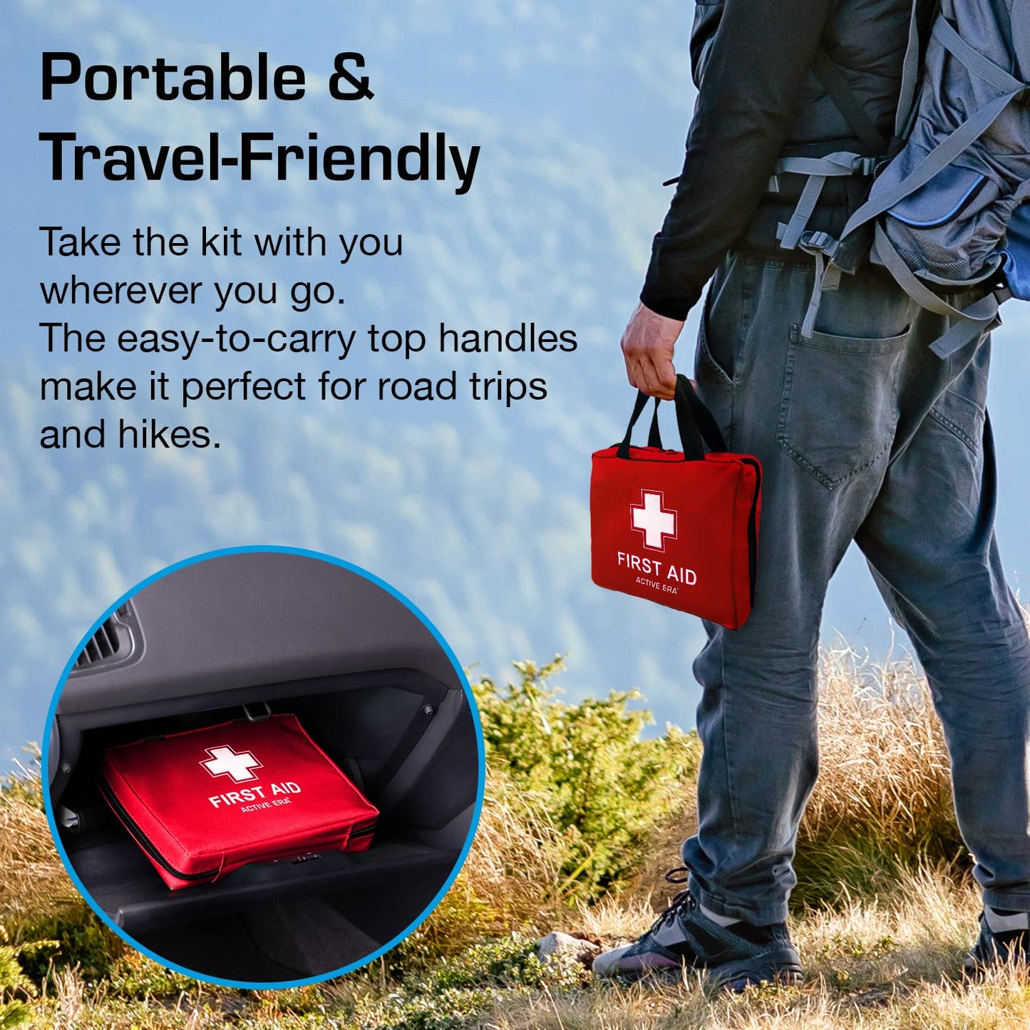 Active Era First Aid Kit, 220-piece premium first aid bag - first aid kit including instant cold packs, eye wash, bandages, rescue blanket for home, office - First Aid Kit ISO 13485.