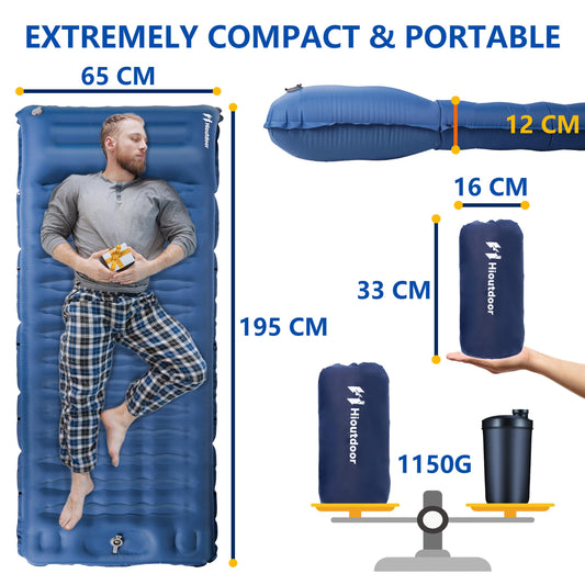 Hioutdoor self-inflating sleeping pad [Requires foot inflation] Camping 12CM Thickened Ultralight Inflatable Outdoor Mat with Foot Pump for Traveling Hiking Waterproof Tent Backpack Blue