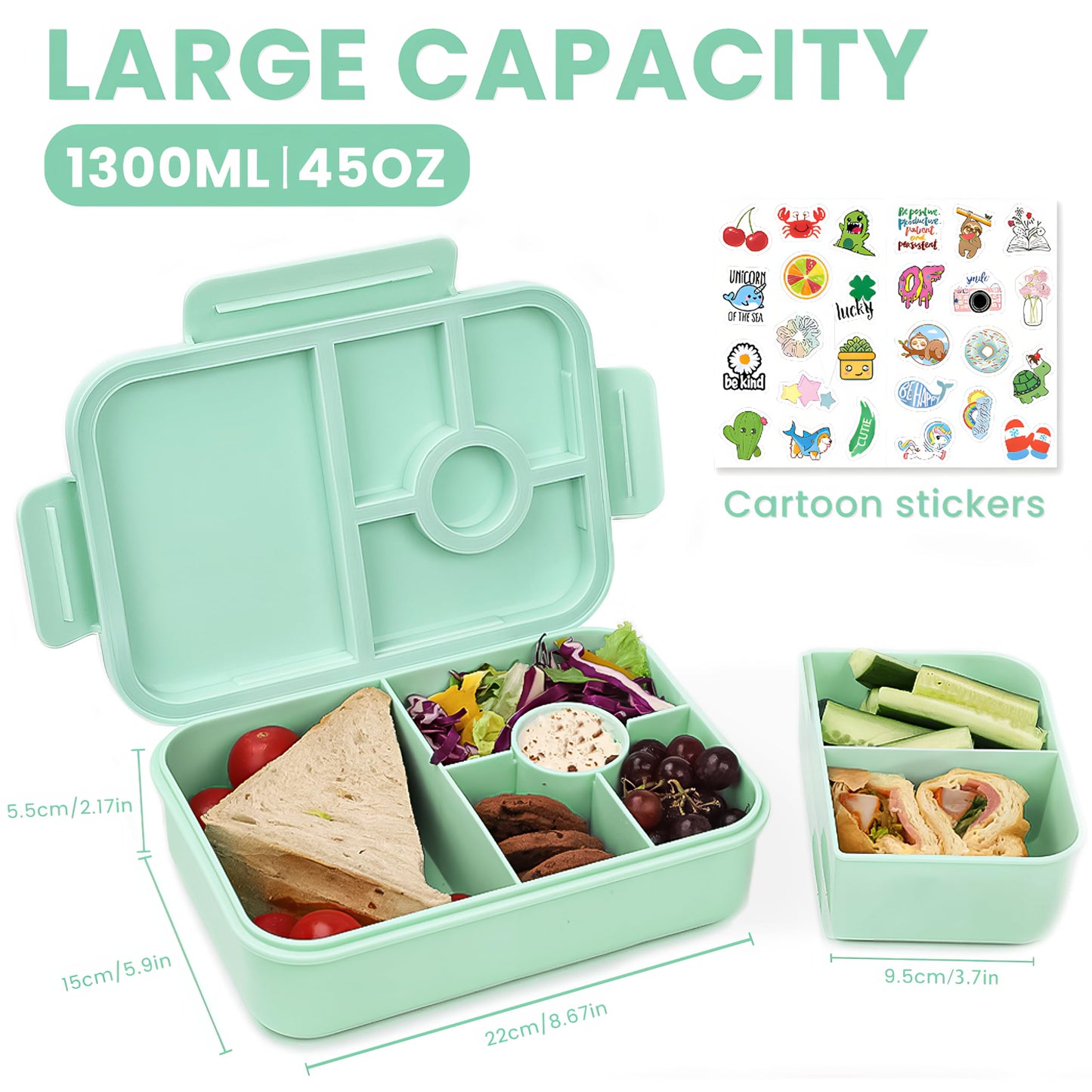 Bugucat lunch box for kids with compartments 1300ML, leak-proof lunchbox with 5 compartments, bento box lunch box with compartments for adults, breakfast box for boys & girls in green.