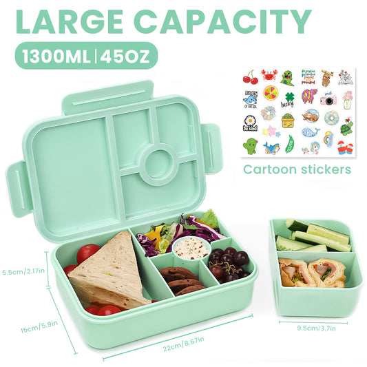 Bugucat lunch box for kids with compartments 1300ML, leak-proof lunchbox with 5 compartments, bento box lunch box with compartments for adults, breakfast box for boys & girls in green.