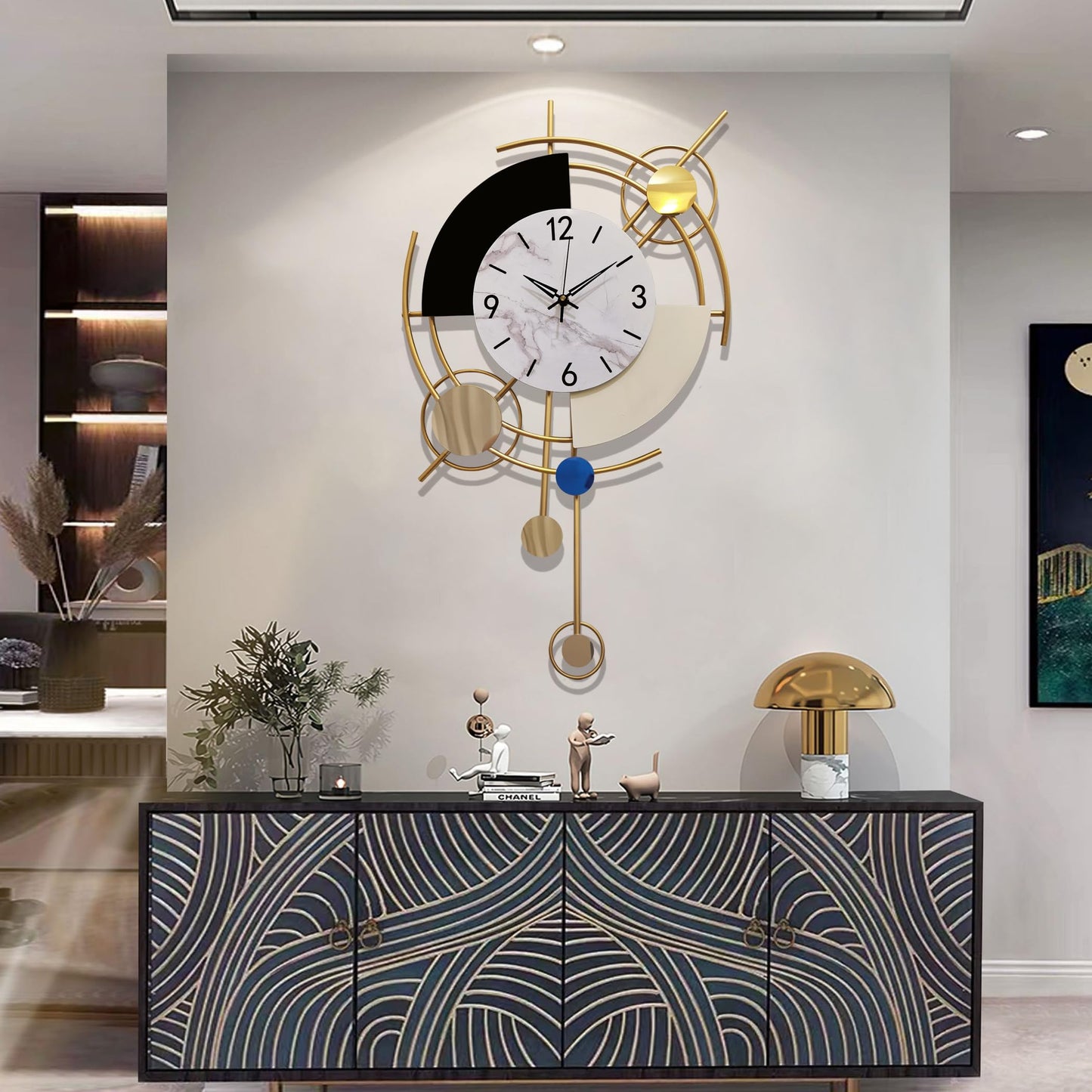 GERHWASH Large Wall Clock 70x42cm Silent - Modern design with Roman numerals, Black-Gold - Premium decoration for living room, bedroom & dining room wall clock