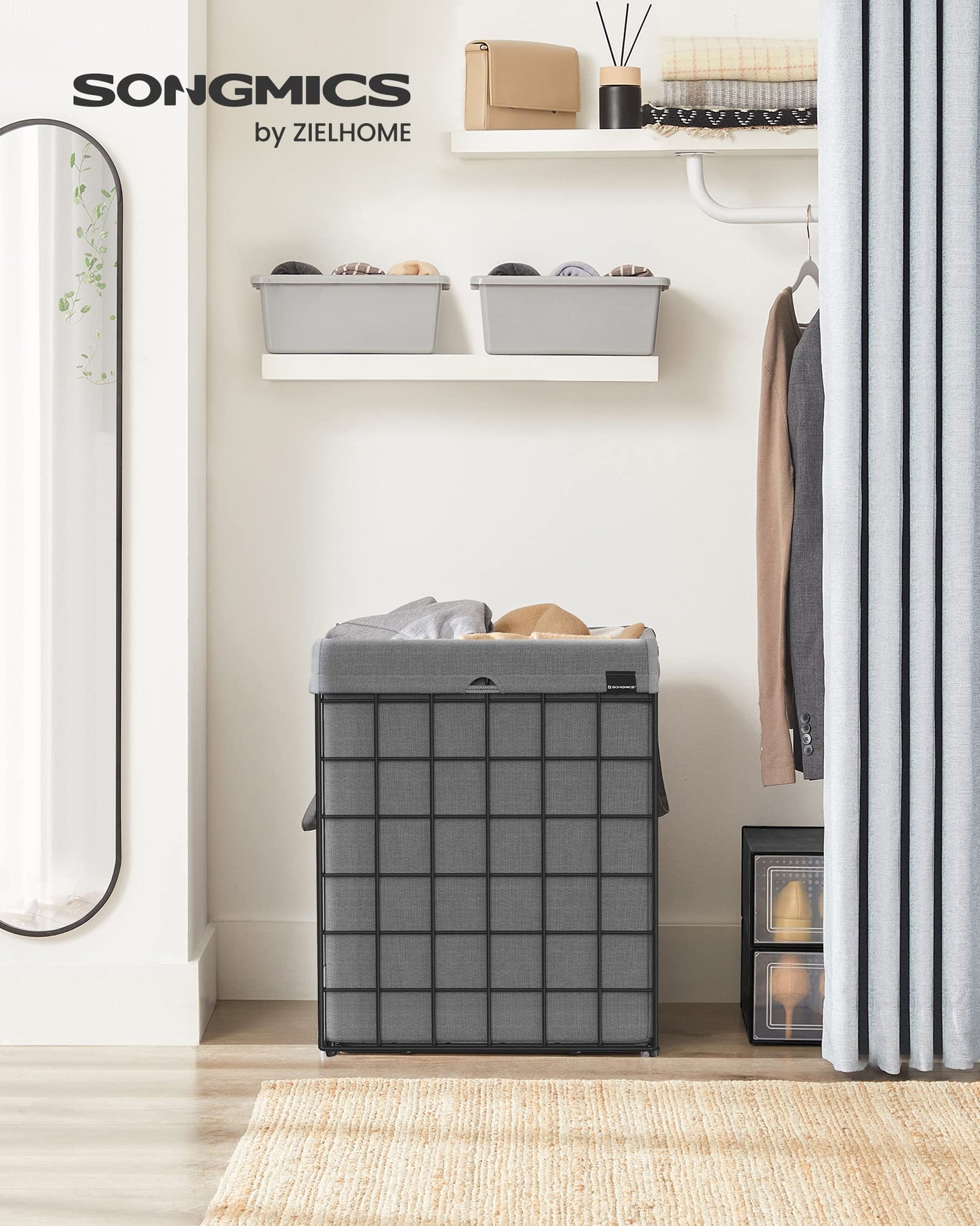 SONGMICS 90L Laundry Basket, foldable laundry hamper, detachable and washable laundry bag, metal wire frame, for bedroom, bathroom, laundry room, black-grey LCB190G01