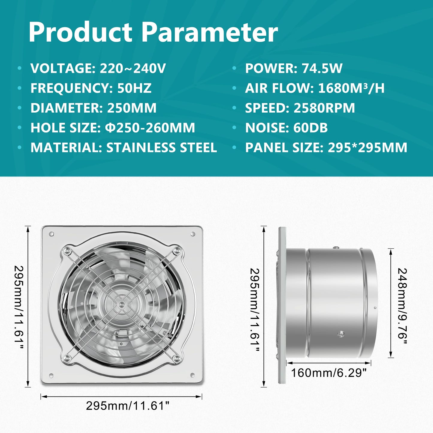 HG Power 250mm exhaust fan 1680m³/h bathroom fan quiet with backdraft damper Powerful wall fan with EU plug for kitchen bathroom garage basement.