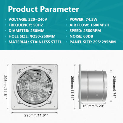 HG Power 250mm exhaust fan 1680m³/h bathroom fan quiet with backdraft damper Powerful wall fan with EU plug for kitchen bathroom garage basement.