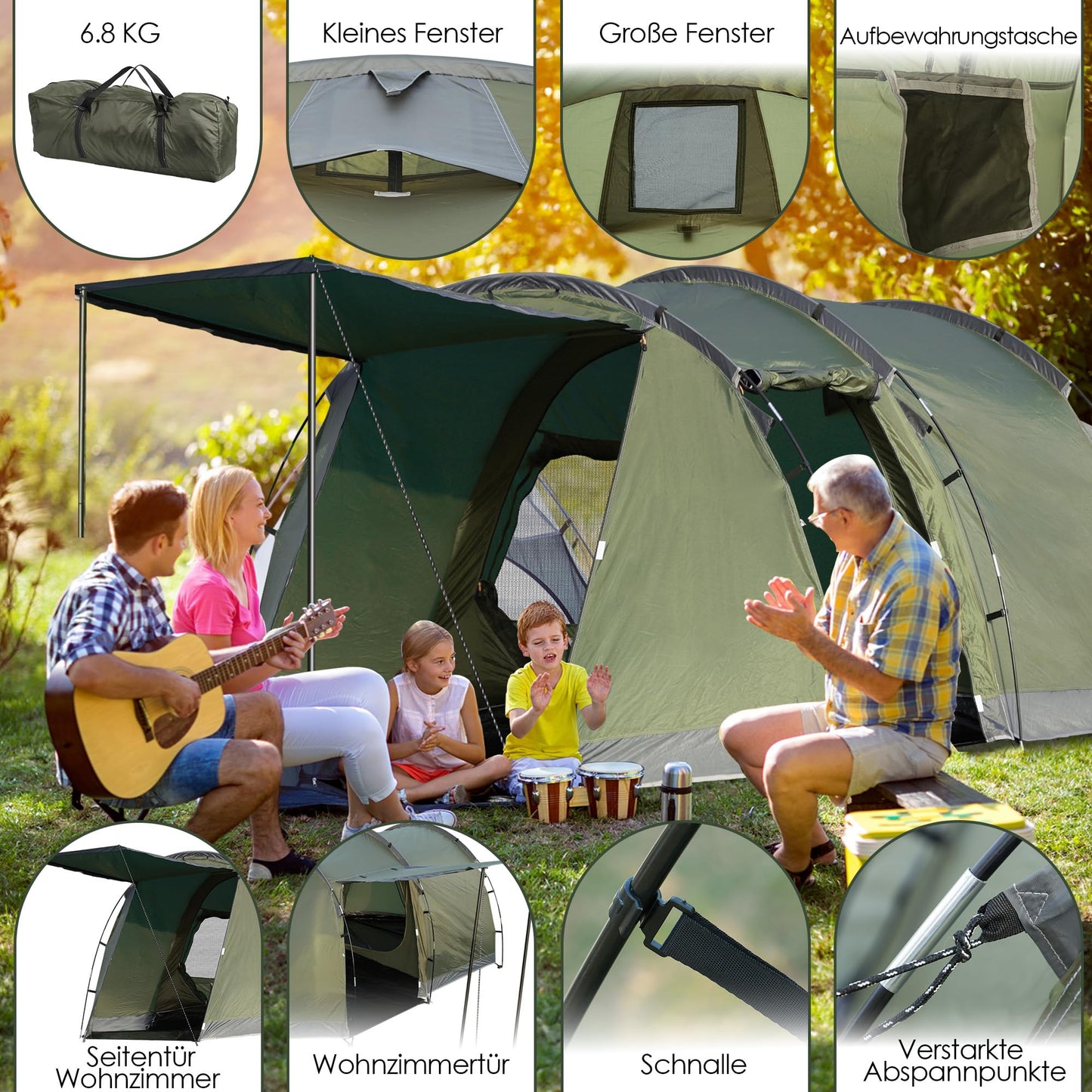 Camping tent for 4 people, 5000mm waterproof tunnel tent. Family tent, group tent, vestibule, sun shade, tipi tent. Large camping tent with sleeping cabin, glamping tent with removable tent floor.