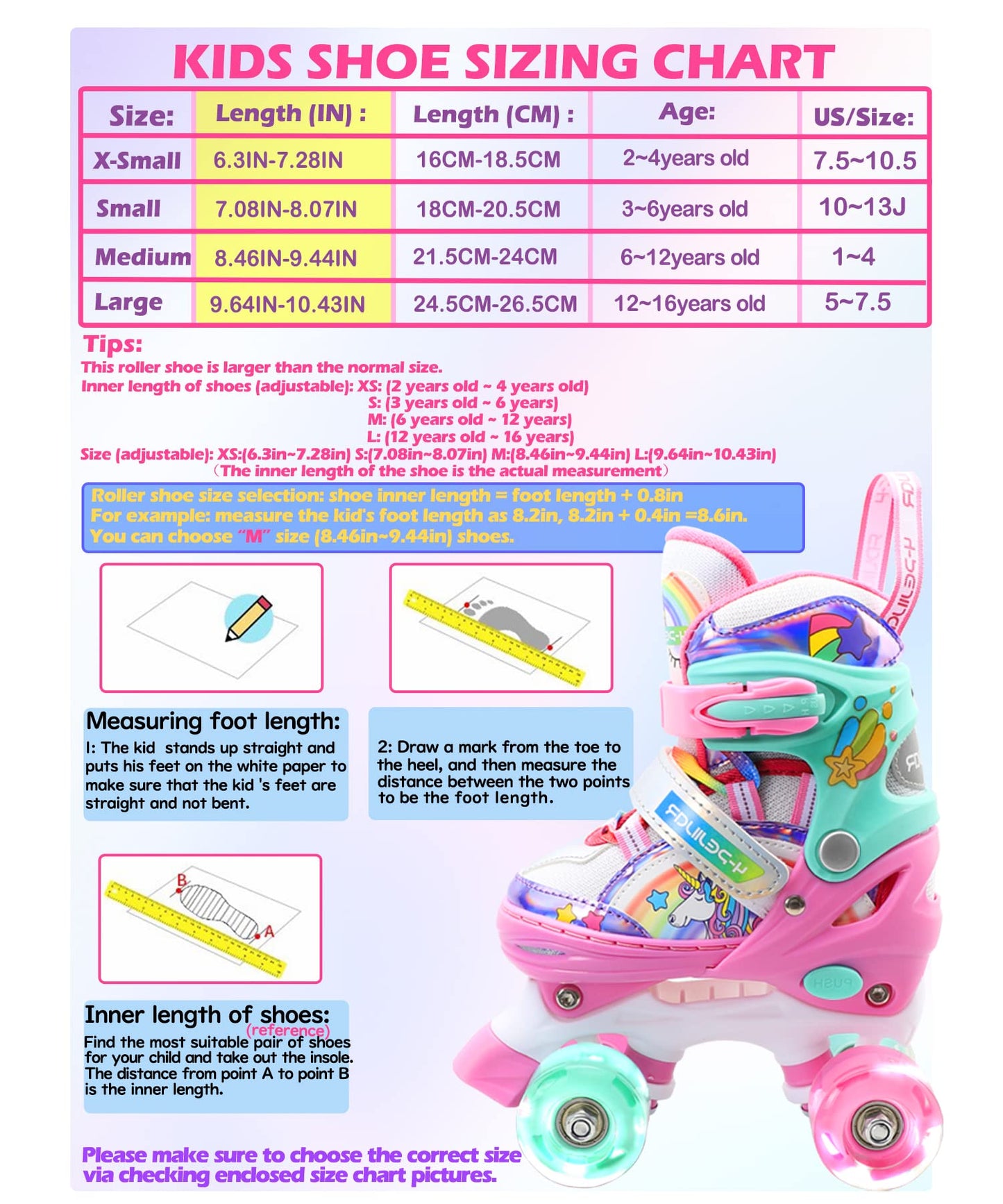 Children's unicorn roller skates for girls. Suitable for ages 6-12. With glowing wheels, 4-wheel adjustable beginner quad roller skates for Christmas and birthday gifts.