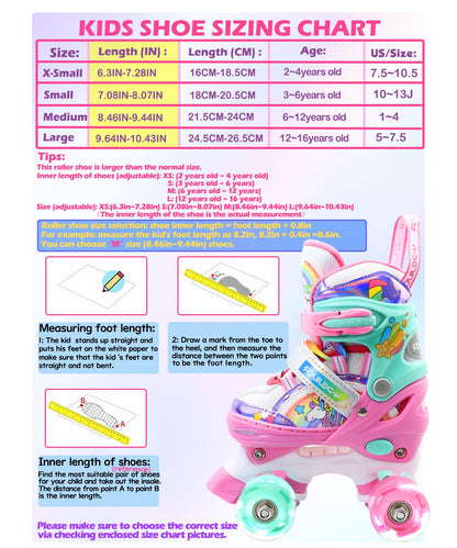 Children's unicorn roller skates for girls. Suitable for ages 6-12. With glowing wheels, 4-wheel adjustable beginner quad roller skates for Christmas and birthday gifts.