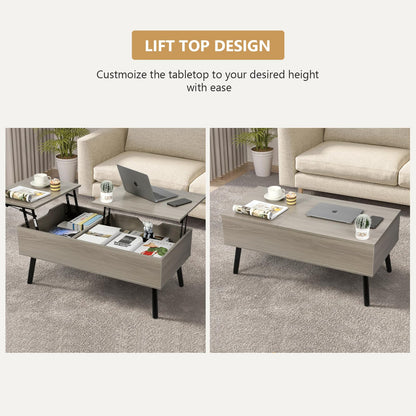 VOWNER coffee table, adjustable height, retractable, hidden storage compartment, double lift top, side table, light gray.