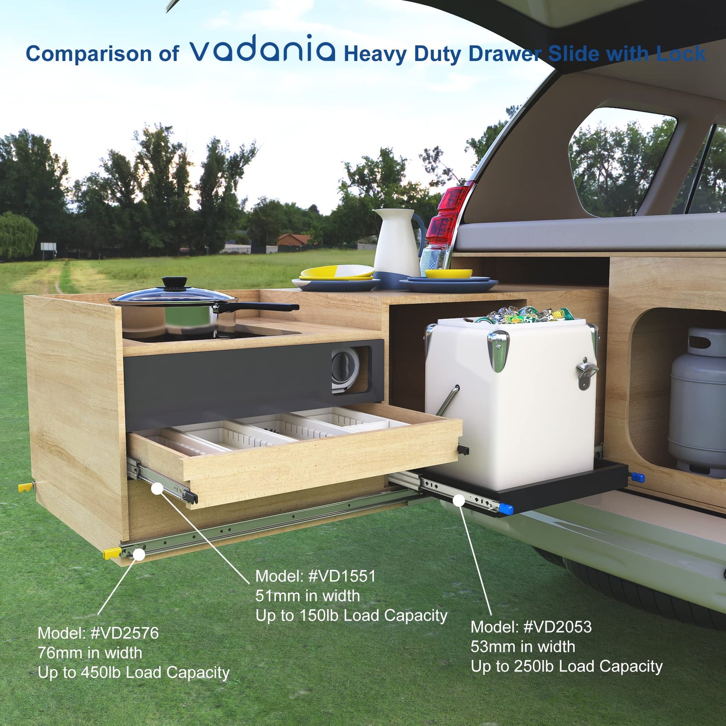 VADANIA drawer slides with lock 800mm, 71kg load capacity Heavy duty full extension ball bearing Side mount #VD2053, 1 pair