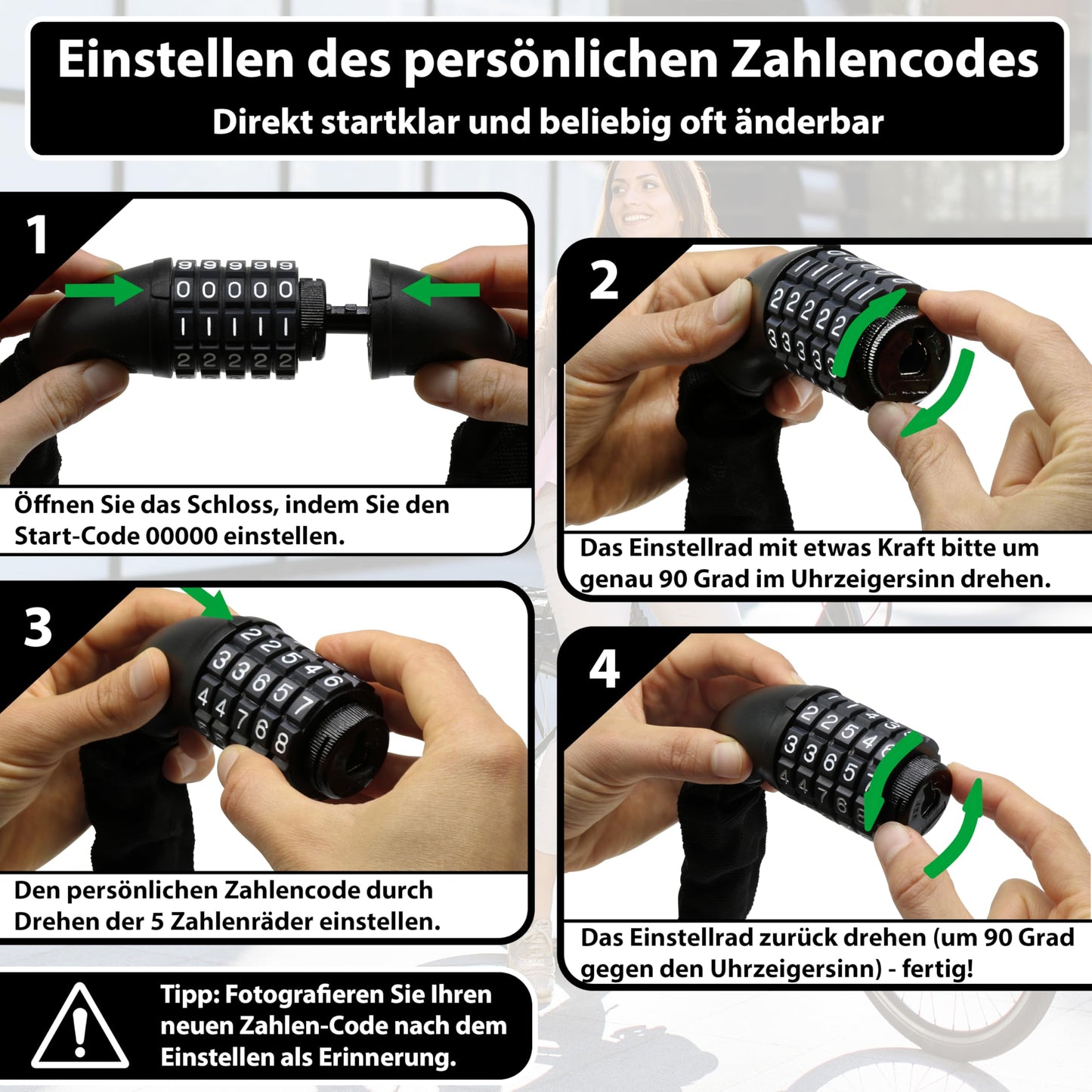 KOHLBURG very long bike lock combination lock 115cm & 6mm strong steel - bike lock with code - chain lock with number combination for bike E-bike & e scooter - code bike lock