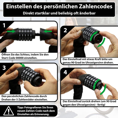 KOHLBURG very long bike lock combination lock 115cm & 6mm strong steel - bike lock with code - chain lock with number combination for bike E-bike & e scooter - code bike lock