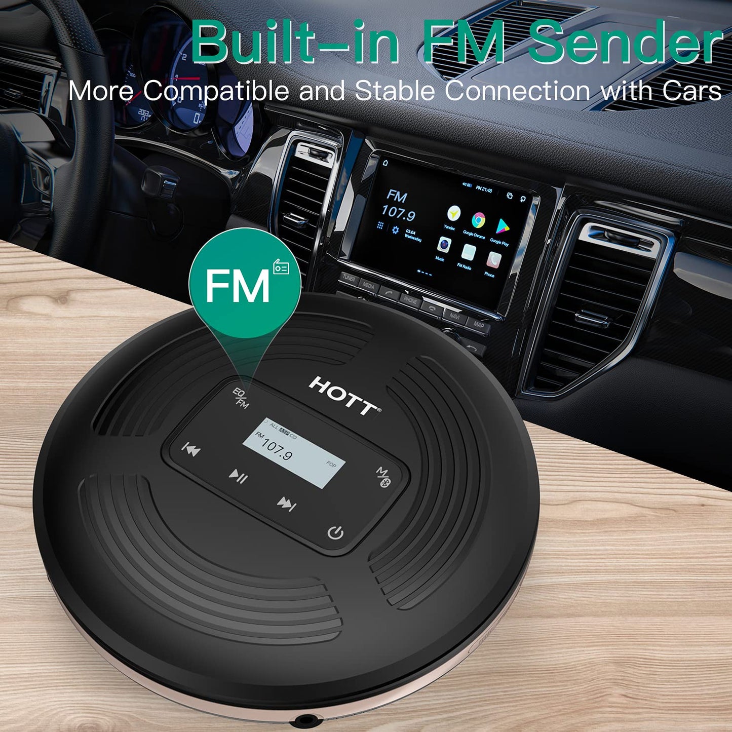 HOTT CD903TF portable rechargeable CD Player with Bluetooth and FM transmitter, suitable for travel, home, and car use. Includes stereo headset and anti-shock function. (black)