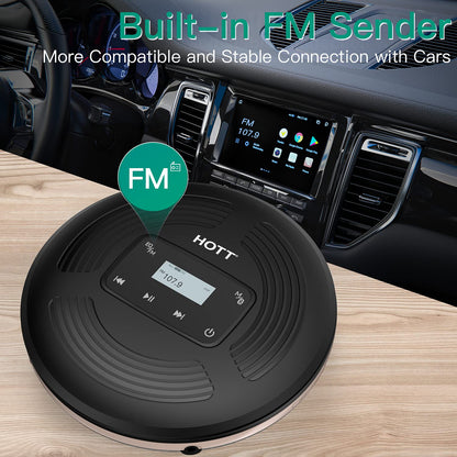 HOTT CD903TF portable rechargeable CD Player with Bluetooth and FM transmitter, suitable for travel, home, and car use. Includes stereo headset and anti-shock function. (black)