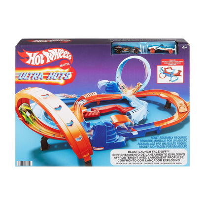 Hot Wheels toy car trackset, Ultra Hots high-speed racing start with 2 vehicles in 1:64 scale, head-to-head racing and stunts, 2 manually operated starters, HXR71.