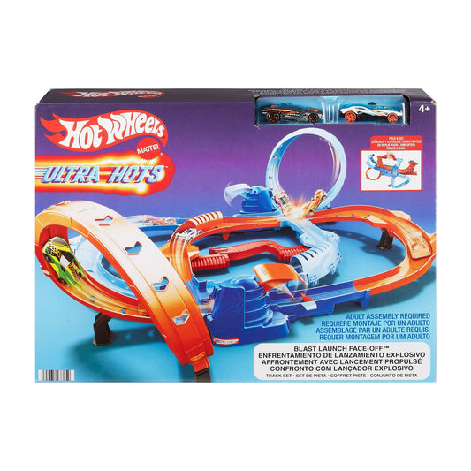 Hot Wheels toy car trackset, Ultra Hots high-speed racing start with 2 vehicles in 1:64 scale, head-to-head racing and stunts, 2 manually operated starters, HXR71.