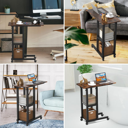 PIPIPOXER Side Table with Wheels, 60x30 cm Coffee Table with Wheels, Adjustable Height 69-90 cm Laptop Desk, Laptop Table with 360-degree Rotating Wheels for Living Room, Wood.