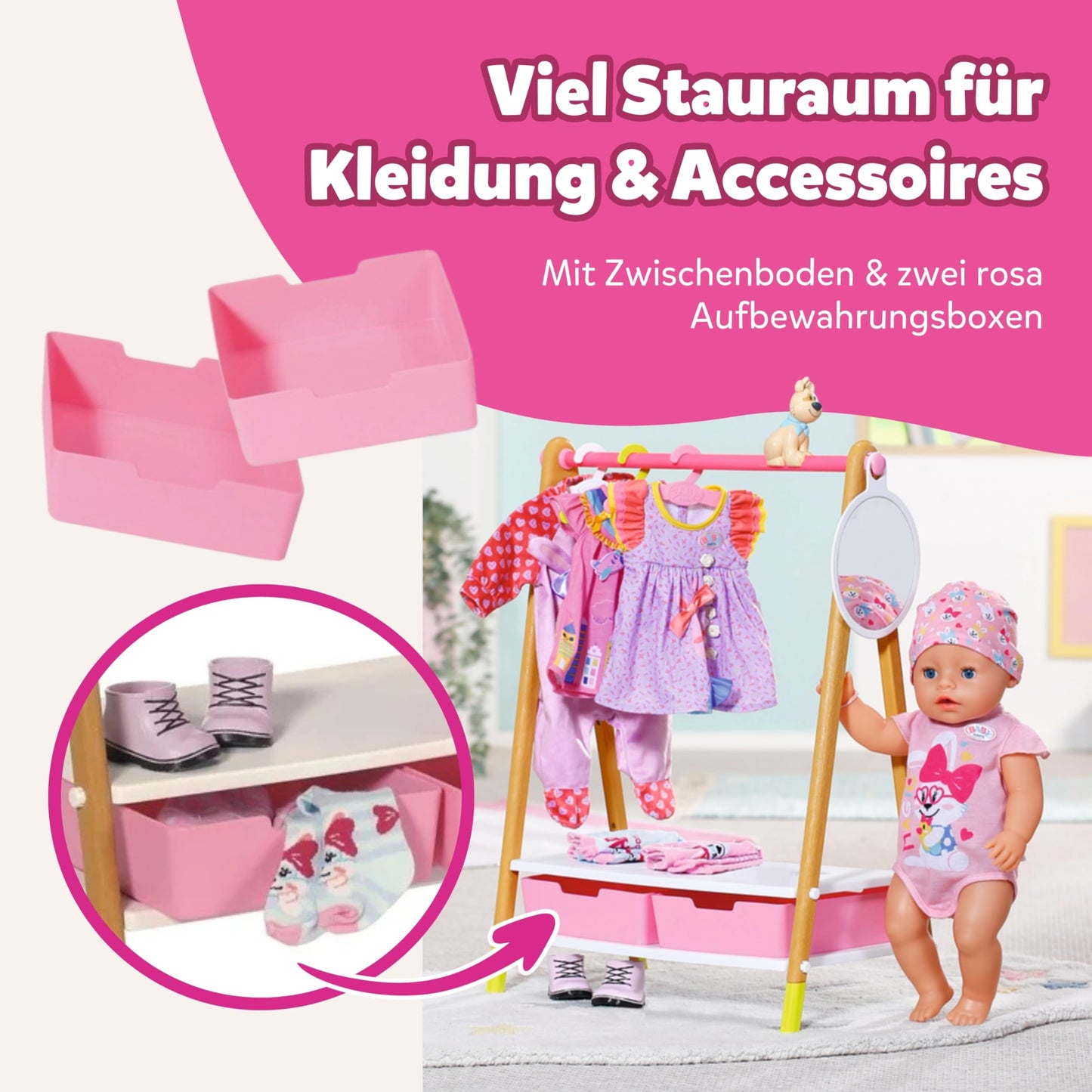 Zapf Creation 830000 BABY born Clothes Stand - Doll Clothes Rack with Wood-look and Accessories, Multicolored