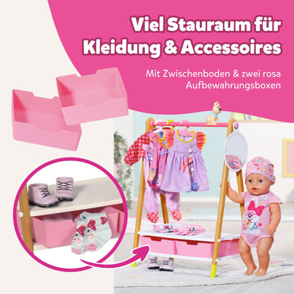 Zapf Creation 830000 BABY born Clothes Stand - Doll Clothes Rack with Wood-look and Accessories, Multicolored