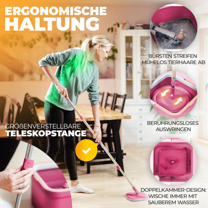 ALANBERG® mop set with bucket, 2-chamber system separation of dirty and clean water, self-wringing with 160 cm telescopic pole & 2 microfiber pads, suitable for all floors, space-saving, pink