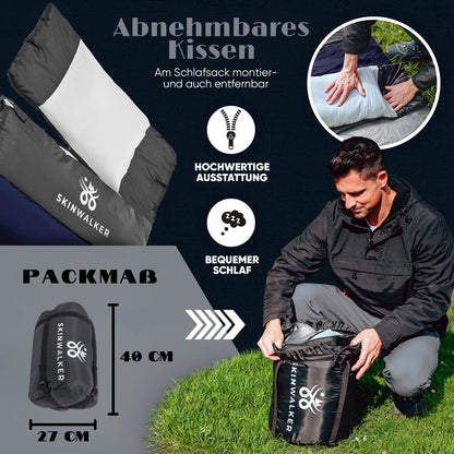 SkinWalker sleeping bag [Small size up to 1.65m height] 3-4 seasons with detachable polar fleece + pillow [-18°C to +15°C] Winter + Summer mummy sleeping bag for camping youth (blue-gray)