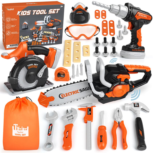 Vanplay tool box kids toy for ages 3 and up. Includes tools like chainsaw, electric drill, and circular saw. Perfect for children ages 3, 4, 5, and 6.