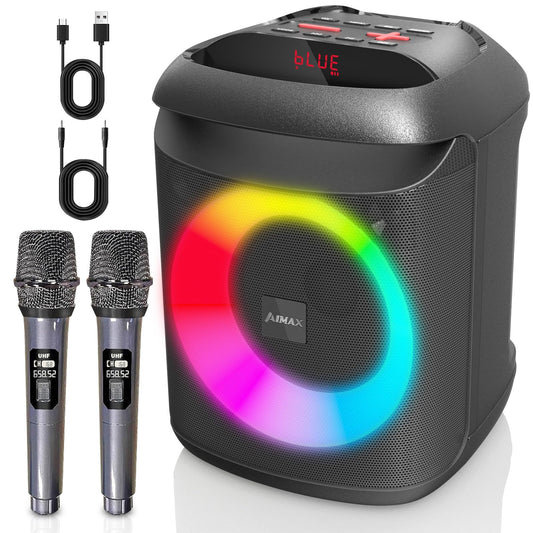 AIMAX Karaoke Machine with 2 Wireless Microphones, Portable Bluetooth Speaker for Adults and Kids, Party Music Box Mobile PA System with RGB Light Supports TF/USB, TWS, AUX in, Black.