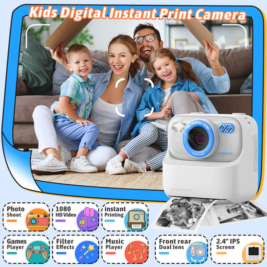 Upgrade kids camera instant print for boys and girls, 1080P HD dual-lens selfie digital camera with printing paper & 32G card, Christmas birthday gifts toy for toddlers and teens.