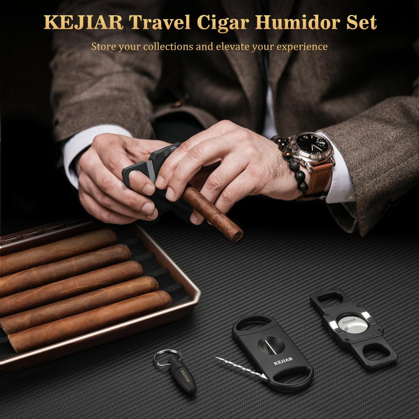 KEJIAR Cigar Humidor Set Travel Humidor for Cigars Includes 2 multifunctional cigar cutters, cigar punch, humidity pack, hygrometer, cigar box Cigar box Gifts for Men