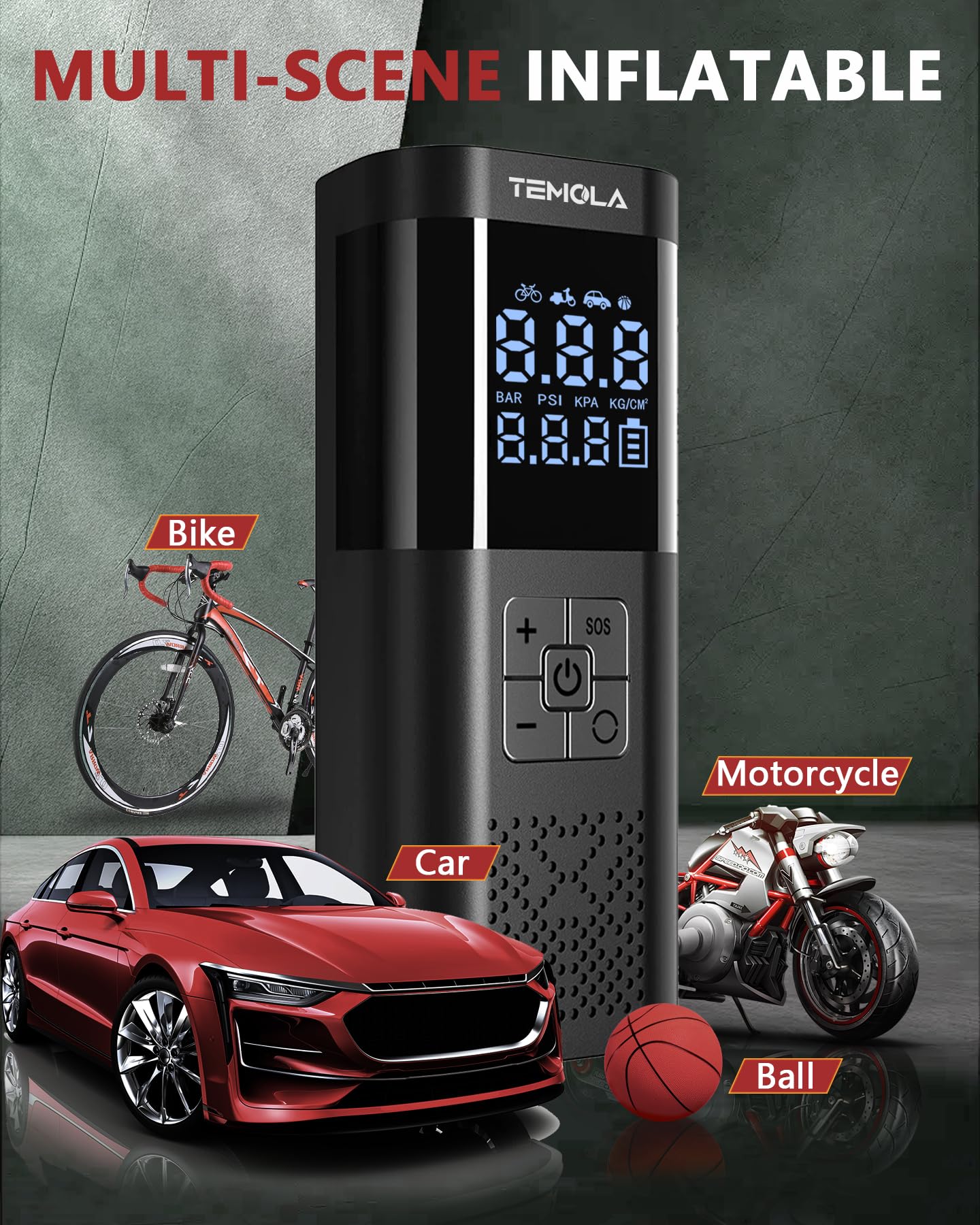 TEMOLA TN10 Electric air pump, Portable battery compressor with pressure gauge 150PSI, Electric air pump DC12V, Bike pump electric with auto-stop for cars, bikes, motorcycles, & balls.