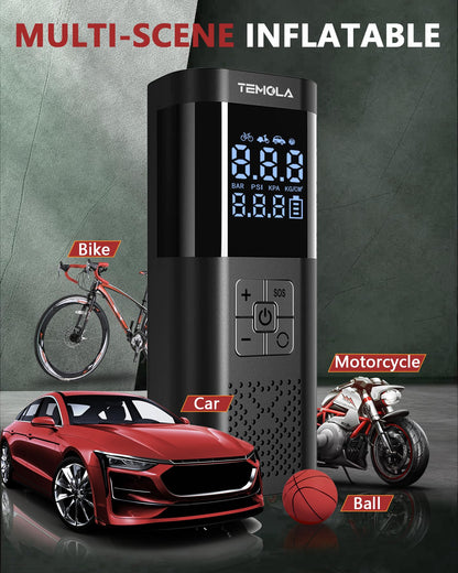TEMOLA TN10 Electric air pump, Portable battery compressor with pressure gauge 150PSI, Electric air pump DC12V, Bike pump electric with auto-stop for cars, bikes, motorcycles, & balls.