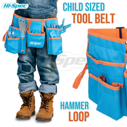 Hi-Spec 16pc Children's Tool Belt - Real tools in the set including screwdriver, level, work gloves, hammer, and safety glasses.