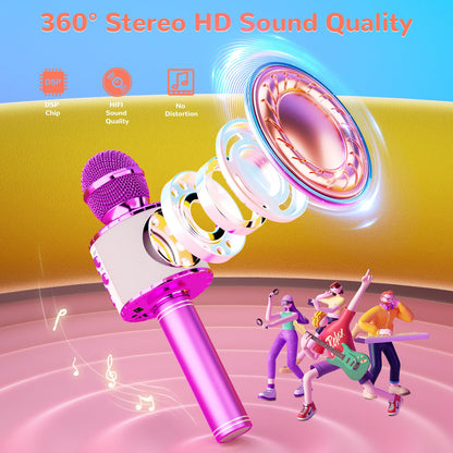 Magic Sing LED Karaoke Microphone for Kids, Wireless Bluetooth Toy for ages 3-12 Girls Gift KTV Speaker with Voice Changer, Home KTV Karaoke Machine for Android, iOS, PC (Purple)