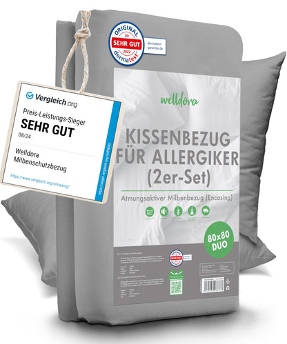 Welldora ǀ Set of 2 dust mite pillow covers 80x80 grey ǀ Allergy-tested specialist pillowcase ǀ Premium encasing with zipper ǀ Allergy bedding 80x80 cm