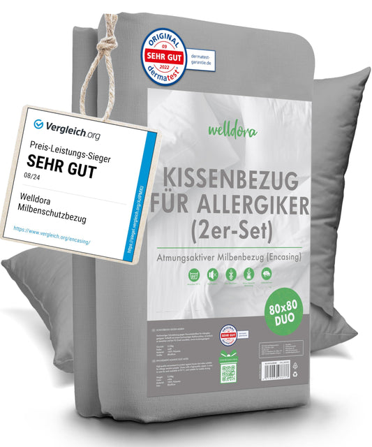 Welldora ǀ Set of 2 dust mite pillow covers 80x80 grey ǀ Allergy-tested specialist pillowcase ǀ Premium encasing with zipper ǀ Allergy bedding 80x80 cm