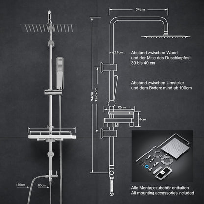 Görbach rain shower shower set shower system with shelf, chrome shower rod set shower column set made of stainless steel without shower faucet (head shower 30x30cm)