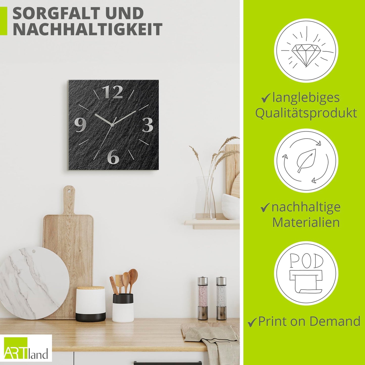 ARTLAND wall decoration wall clock without ticking noises aluminum quartz clock 30x30 cm square silent analog quartz clock, 4 digits 30x30 cm slate look U1RE