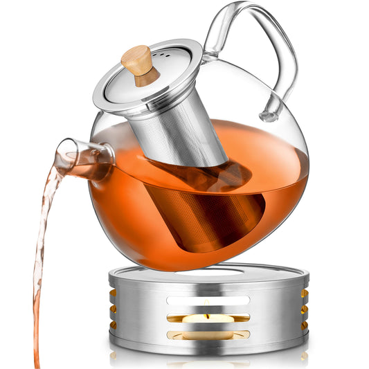 PORADA Glass Tea Kettle with Stainless Steel Heater Infuser Teapot Tea Pot Teapot with Filter Turkish Tea Pot Warmer (1500ml)