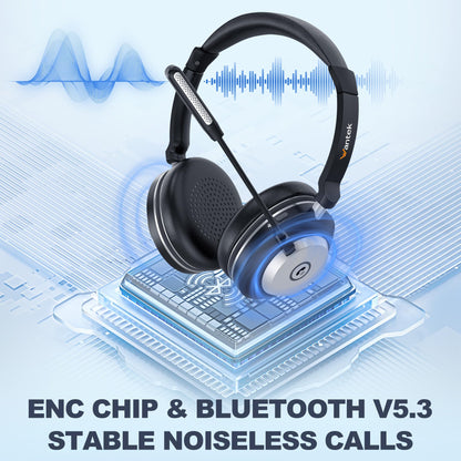 Wantek Wireless Headset with Microphone, Bluetooth Headset with Charging Dock, Wireless Headphone with Microphone and USB Dongle, Call Center Headphone for Computer Laptop Teams Office Zoom Skype.