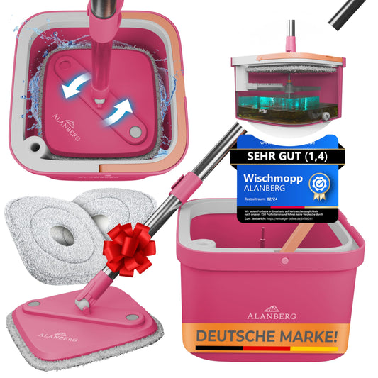 ALANBERG® mop set with bucket, 2-chamber system separation of dirty and clean water, self-wringing with 160 cm telescopic pole & 2 microfiber pads, suitable for all floors, space-saving, pink