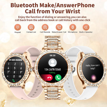 The Fitonyo smartwatch for women with phone function and diamond design features a 1.32" round HD display, call capability, and 120+ sports modes. Compatible with Android and iOS devices.