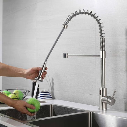 Touchless kitchen sink faucet with pull down spring, automatic sensor mixer in brushed nickel stainless steel.