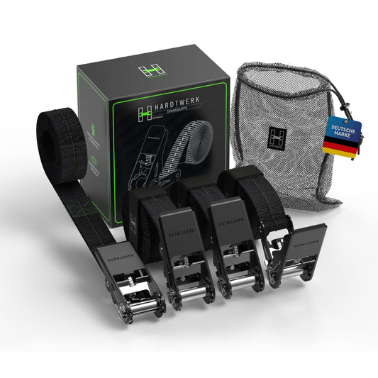 Hardtwerk® ratchet tie-down straps (4 pieces) - 6m, 1000kg clamping force, TÜV & GS certified - Versatile ratchet straps for professional use - trailers, luggage & camping, black