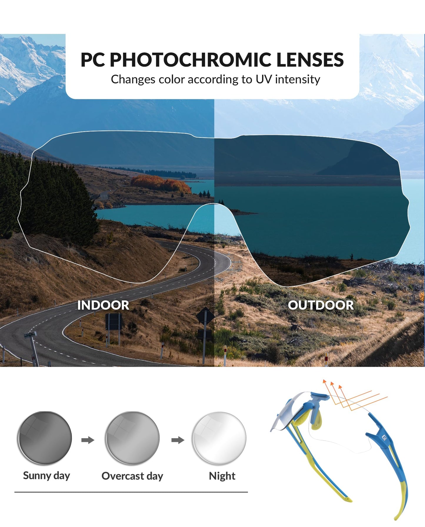 RockBros sunglasses, photochromic, men, bike, cycling, half frame, polarized, sports, mountain biking, fishing, running.