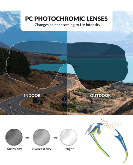 RockBros sunglasses, photochromic, men, bike, cycling, half frame, polarized, sports, mountain biking, fishing, running.