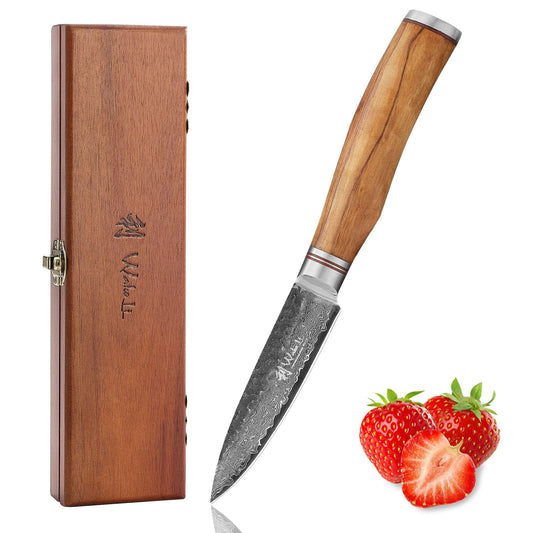 Wakoli Olive HS Office Knife & Paring Knife - 9.0cm blade made of 67 layers Damascus steel with VG10 core, hardness 60±2 HRC, hammered finish, olive wood handle - Damascus kitchen knife for precise cuts in wooden box.