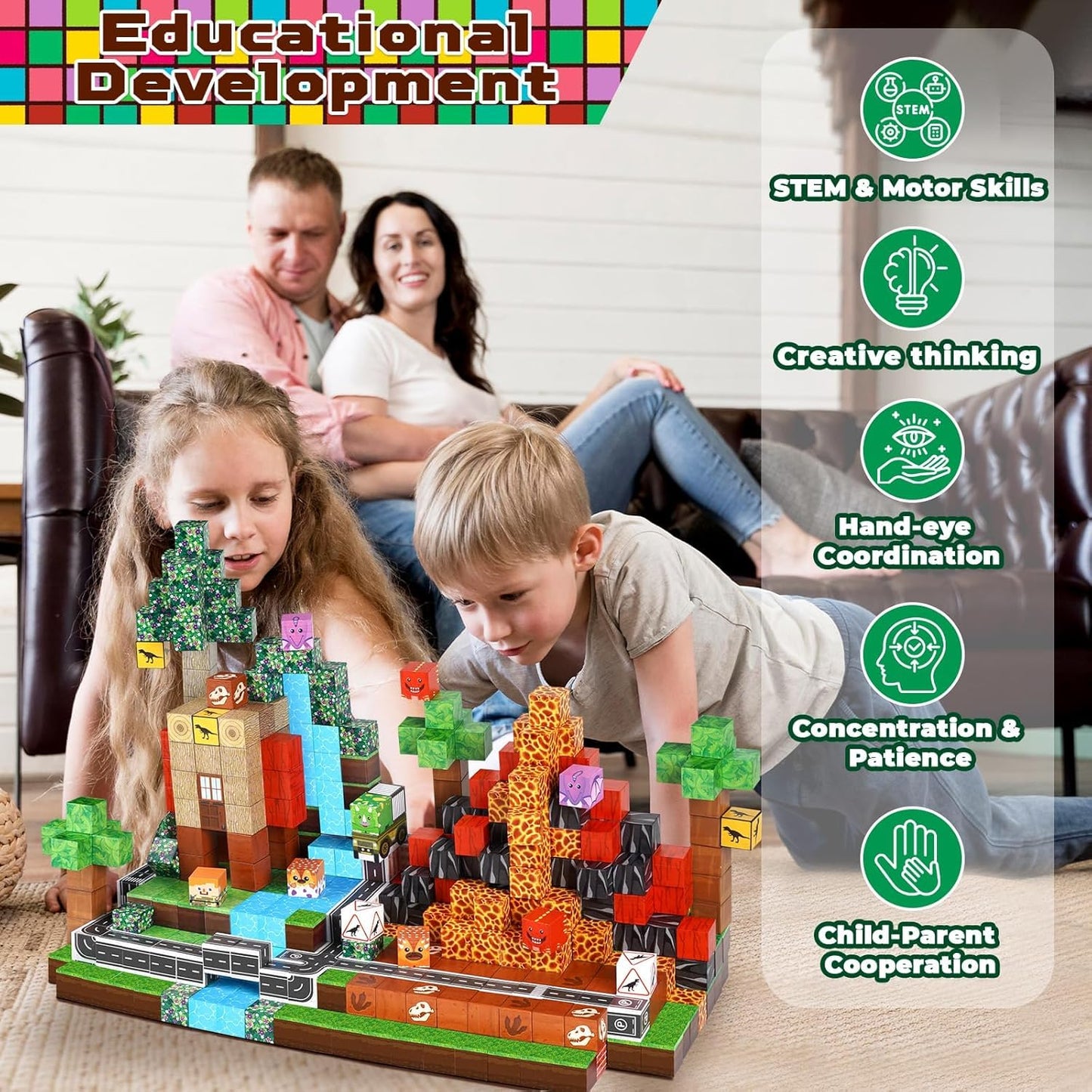 Magnetic building blocks, 100 pieces magnetic building blocks for kids - creative 3D toy with dinosaurs, volcano & natural landscape | Toys for boys aged 5 6 7 8 9 years Building toys for boys aged 3+ years